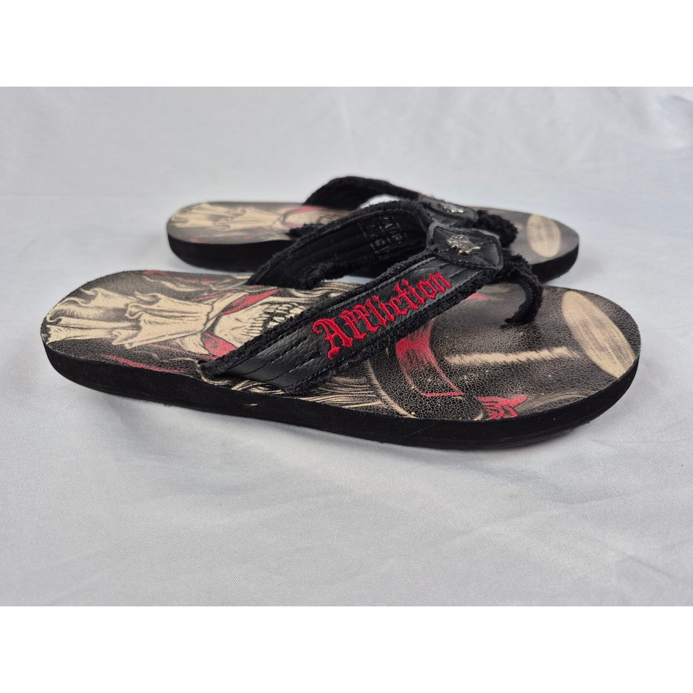 Affliction Mens Size 9 Skull‎ Flip Flops Black Red Graphic Sandals Gothic Biker